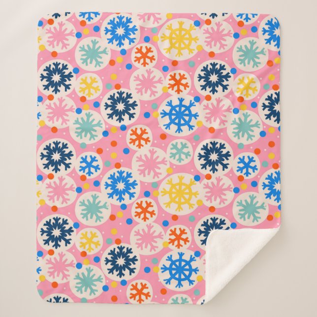 Colorful Snowflakes on Pink Holiday Pattern Sherpa Blanket (Front)