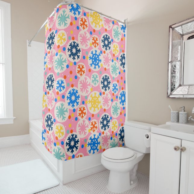 Colorful Snowflakes on Pink Holiday Pattern Shower Curtain (In Situ)