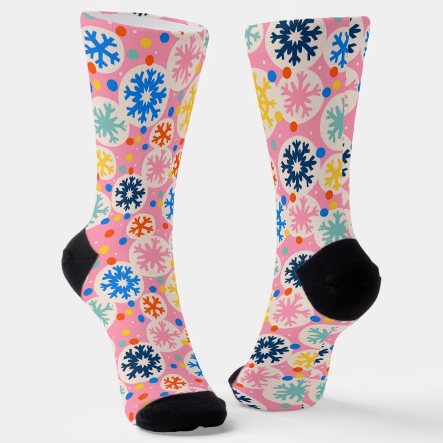 Colorful Snowflakes on Pink Holiday Pattern Socks (Angled)