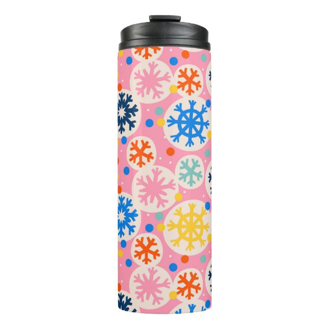 Colorful Snowflakes on Pink Holiday Pattern Thermal Tumbler (Front)