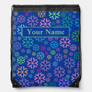 Colorful Snowflakes Pattern on Blue Green Name Drawstring Bag