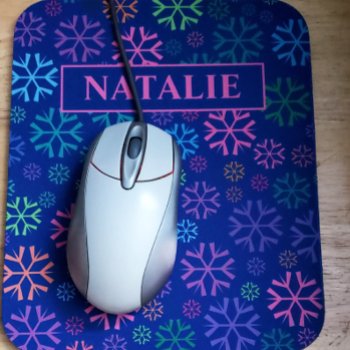Colorful Snowflakes Pattern On Blue Pink Name Mouse Pad by Annyway at Zazzle