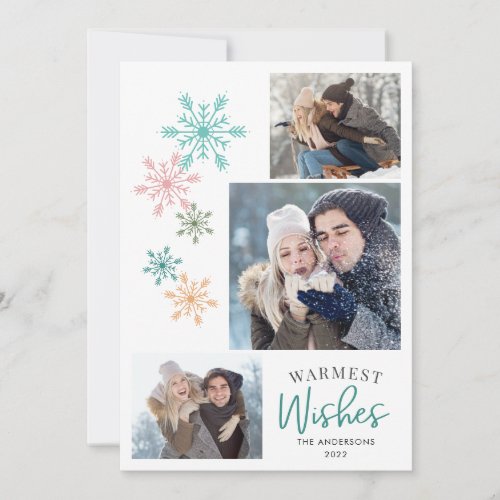 Colorful Snowflakes Photo Teal Warmest Wishes Holiday Card