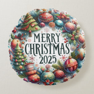 Colorful Snowman & Ornaments Christmas Pillow