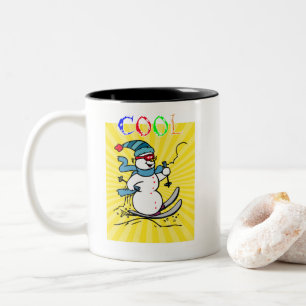 Colorful Snowman Skiing funny cute snowman ski Two-Tone Coffee Mug