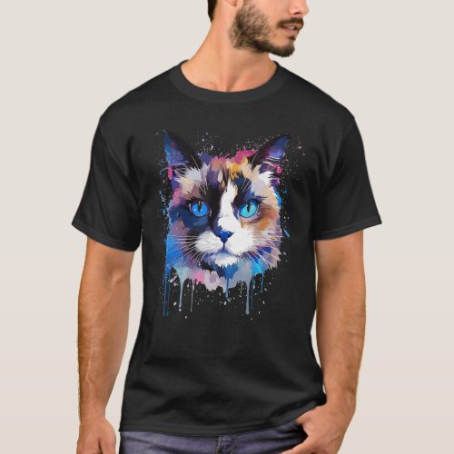 Colorful Snowshoe Cat Face Splash Art T_Shirt