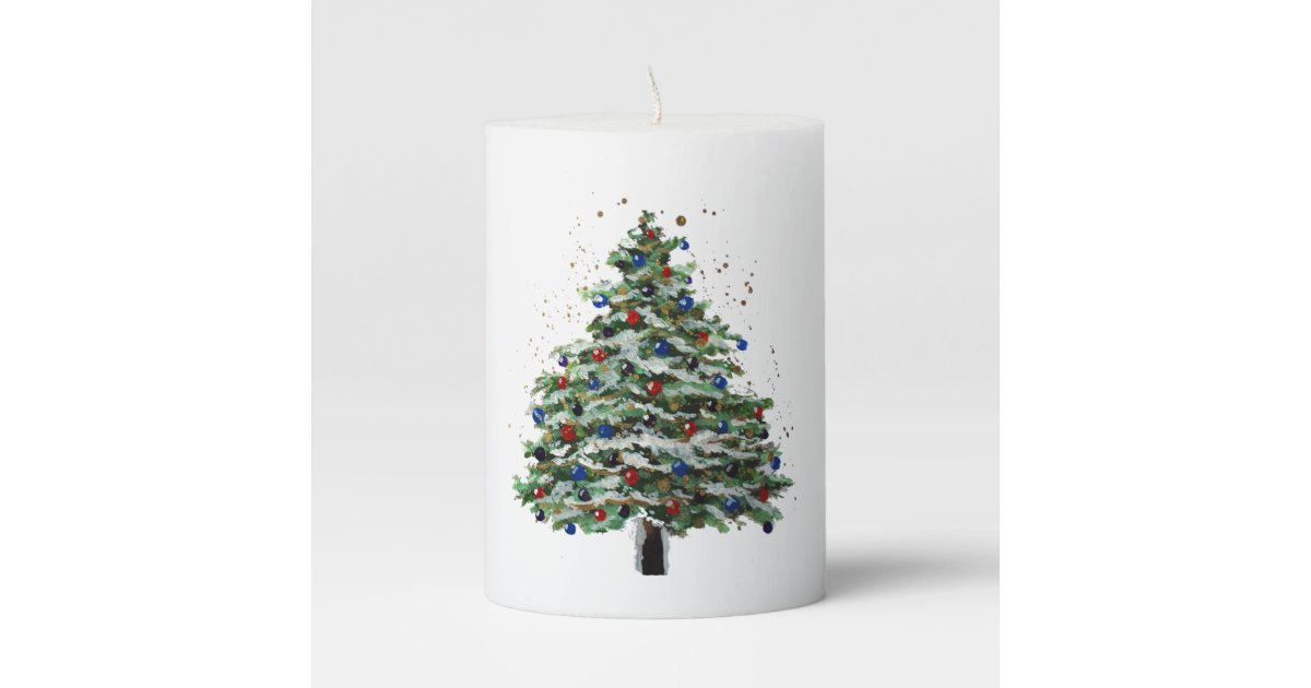 Colorful Snowy Christmas Tree Pillar Candle Zazzle Com