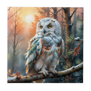 Colorful Snowy owl in Autumnal Forest Ceramic Tile