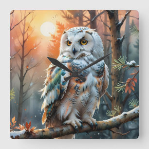 Colorful Snowy owl in Autumnal Forest Square Wall Clock