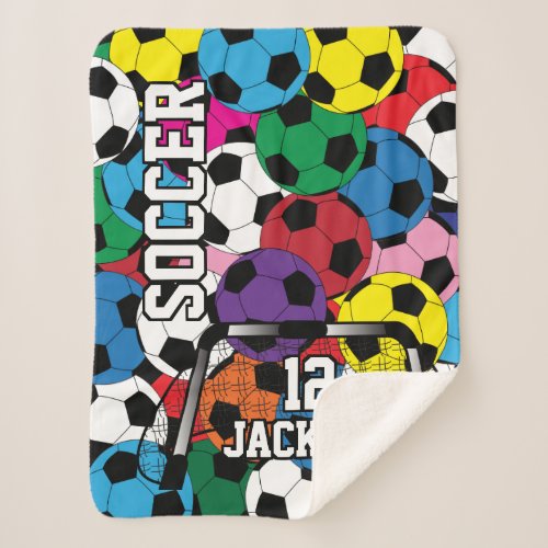 Colorful Soccer Ball Collage with Text Sherpa Blanket