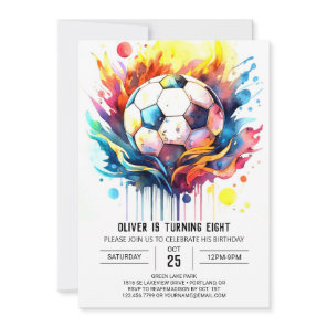 Colorful Soccer Kids Watercolor Birthday Invitation