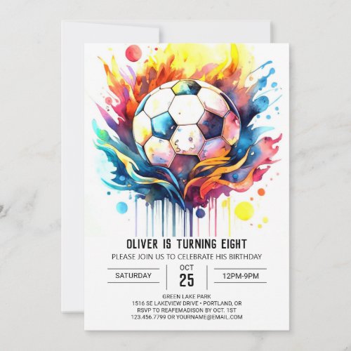 Colorful Soccer Kids Watercolor Birthday Invitation