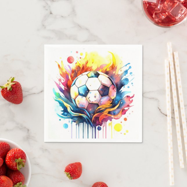 Colorful Soccer Kids Watercolor Birthday Napkins (Insitu)