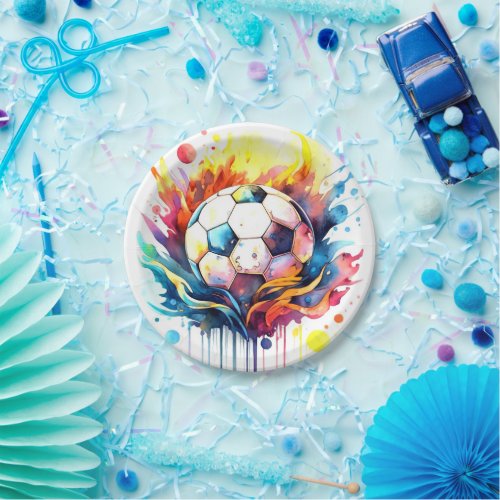 Colorful Soccer Kids Watercolor Birthday Paper Plates