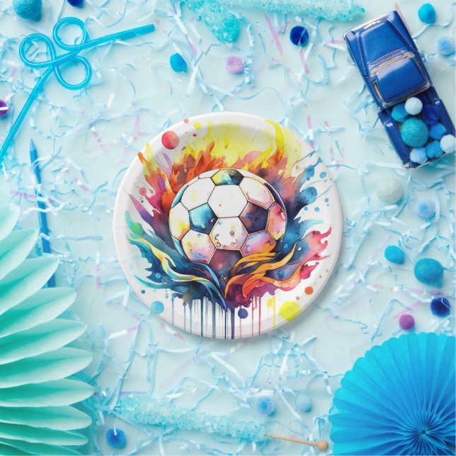 Colorful Soccer Kids Watercolor Birthday Paper Plates (Party)