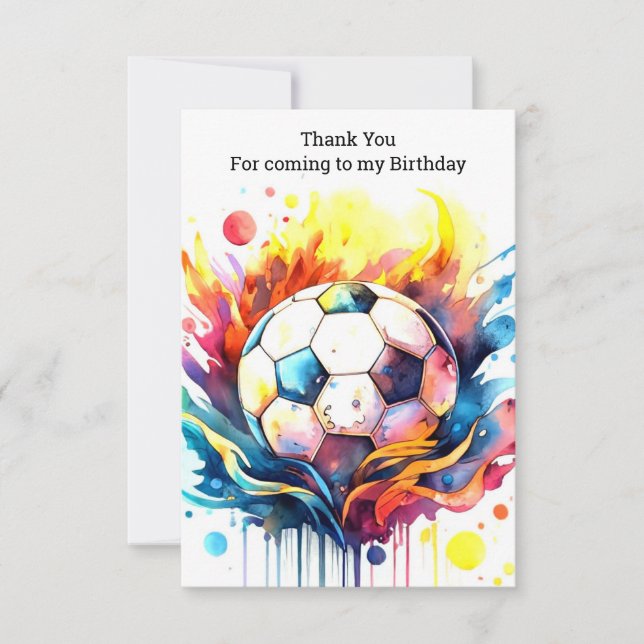 Colorful Soccer Kids Watercolor Birthday Thank You Card (Front)