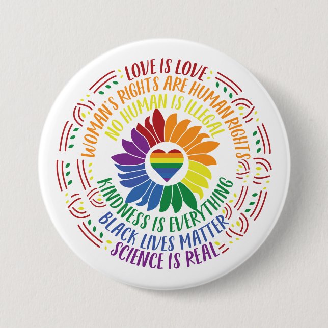Colorful Social Justice Flower Word Art Large Button (Front)