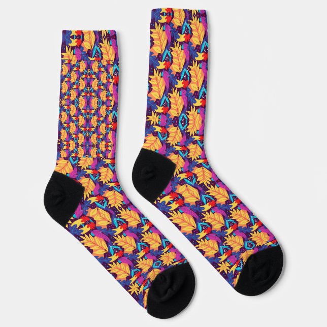 Colorful socks feature a vibrant floral pattern (Right)