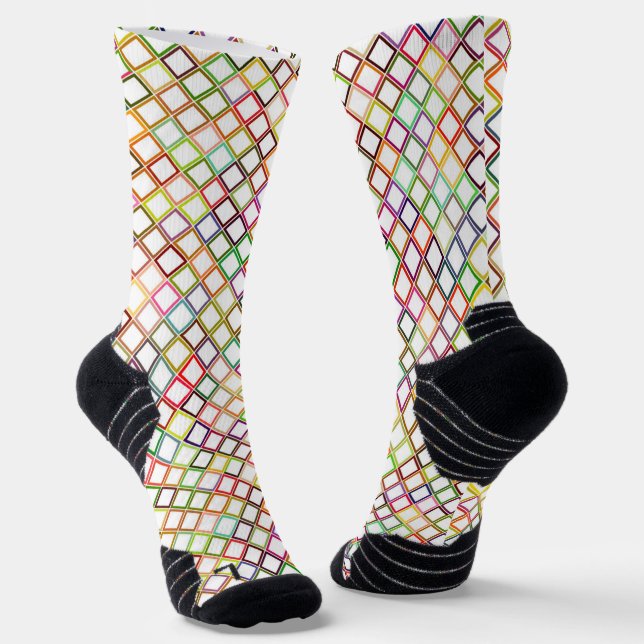 Colorful socks featuring a vibrant diamond pattern (Angled)