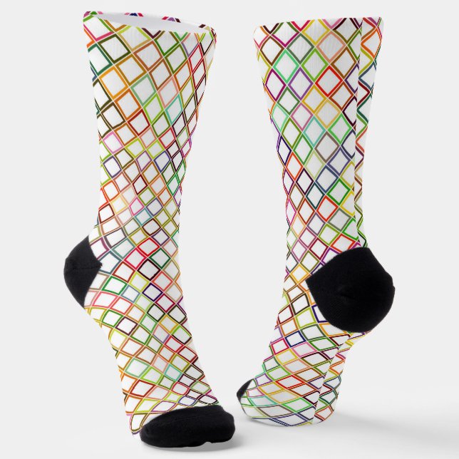 Colorful socks featuring a vibrant diamond pattern (Angled)