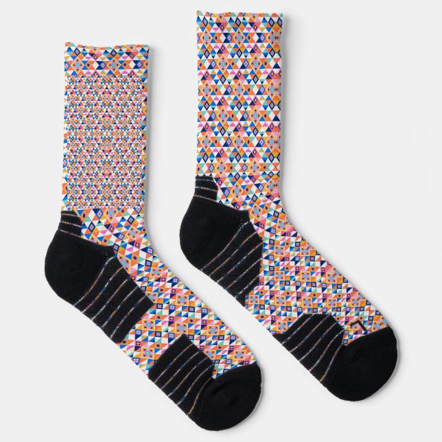 Colorful socks with geometric patterns in red (Right)