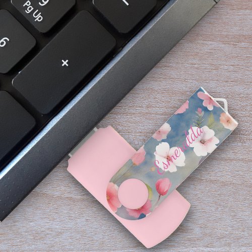 Colorful Soft Watercolor Pink Spring Blossoms Flash Drive