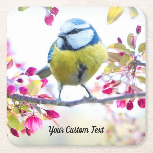 Colorful Songbird & Spring Blossoms, Your Message Square Paper Coaster