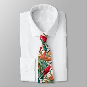 Colorful Songbirds & Green Leaves Pattern Neck Tie