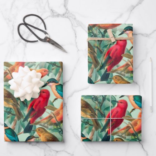 Colorful Songbirds  Green Leaves Pattern Wrapping Paper Sheets