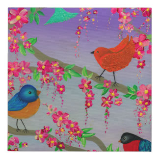 Colorful Songbirds in Cherry Blossom Tree Painting Faux Canvas Print