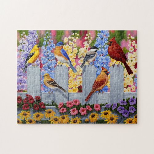 Colorful Songbirds in Spring Flower Garden Jigsaw Puzzle