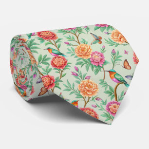 Colorful Songbirds Orange Flowers Green Leaves Neck Tie