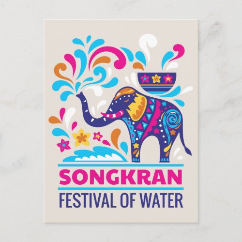 Colorful Songkran Festival Elephant Water Postcard