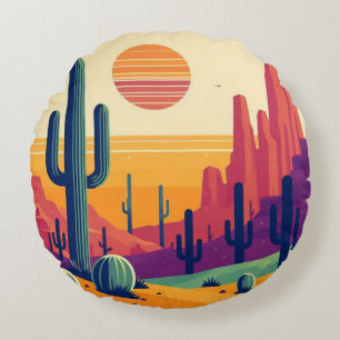 Colorful southwestern desert art round pillow