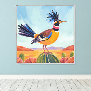 Colorful Southwestern Desert Bird and Cactus Canvas Print