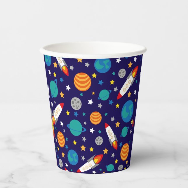 Colorful Space Adventure Kids Pattern – Rockets, P Paper Cups (Front)