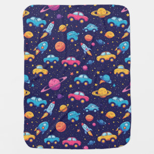 Colorful Space Adventure With Cars, Rockets Baby Blanket