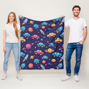 Colorful Space Adventure With Cars, Rockets Fleece Blanket
