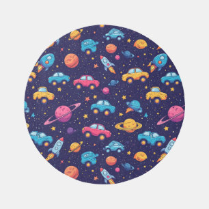 Colorful Space Adventure With Cars, Rockets Rug