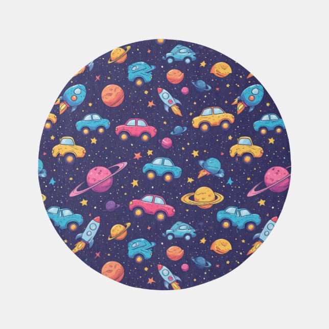 Colorful Space Adventure With Cars, Rockets Rug (Front)
