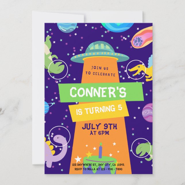 Colorful Space and Dinosaurs Birthday Celebration  Invitation (Front)