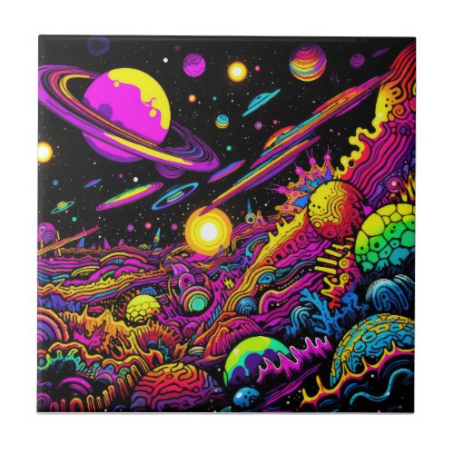 Colorful  Space and Planets  Psychedelic Art Ceramic Tile