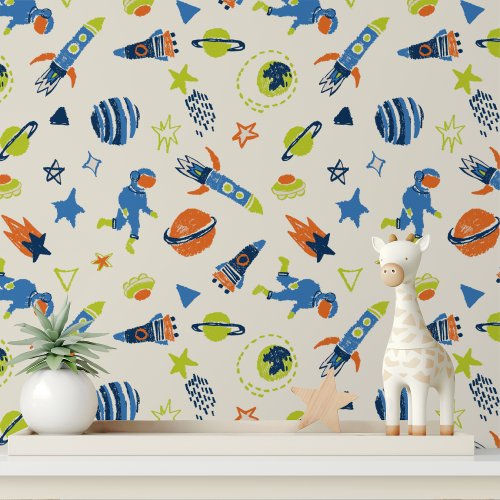 Colorful Space Astronaut Modern Kids Pattern Wallpaper