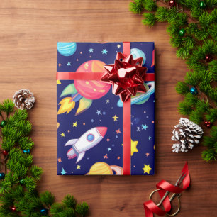 🚀 Colorful Space Cartoon Glow 🌈 Fun Galaxy Kids Wrapping Paper