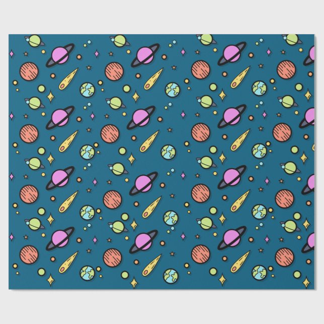Colorful Space Doodle Wrapping Paper | Planets (Flat)