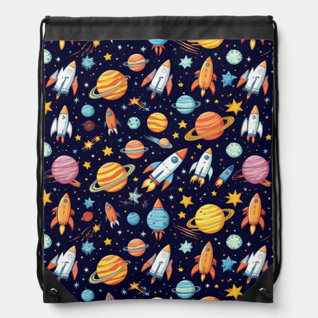 Colorful Space Exploration Pattern Drawstring Bag (Front)