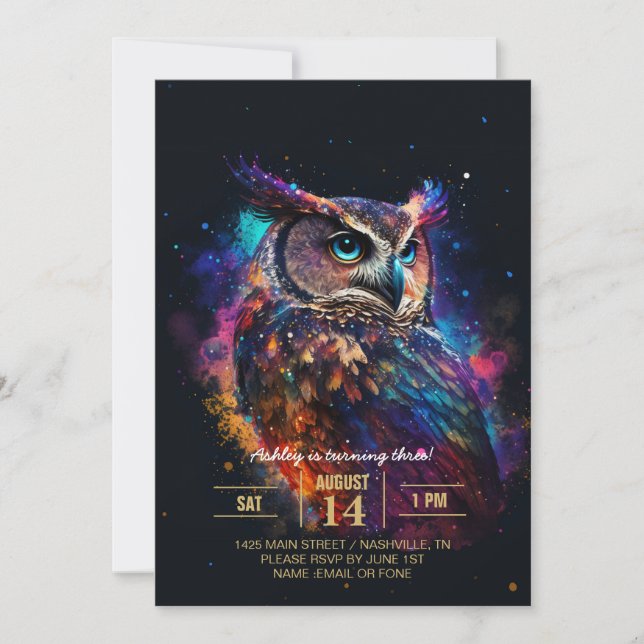 Colorful Space Owl            Invitation (Front)