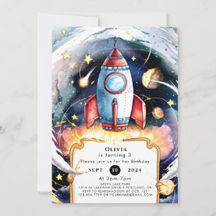 Colorful Space Rocket Birthday Invitation