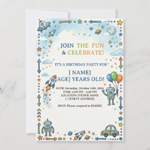 Colorful Space Rocket & Robot Blank Birthday Party Invitation