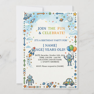 Colorful Space Rocket & Robot Blank Birthday Party Invitation